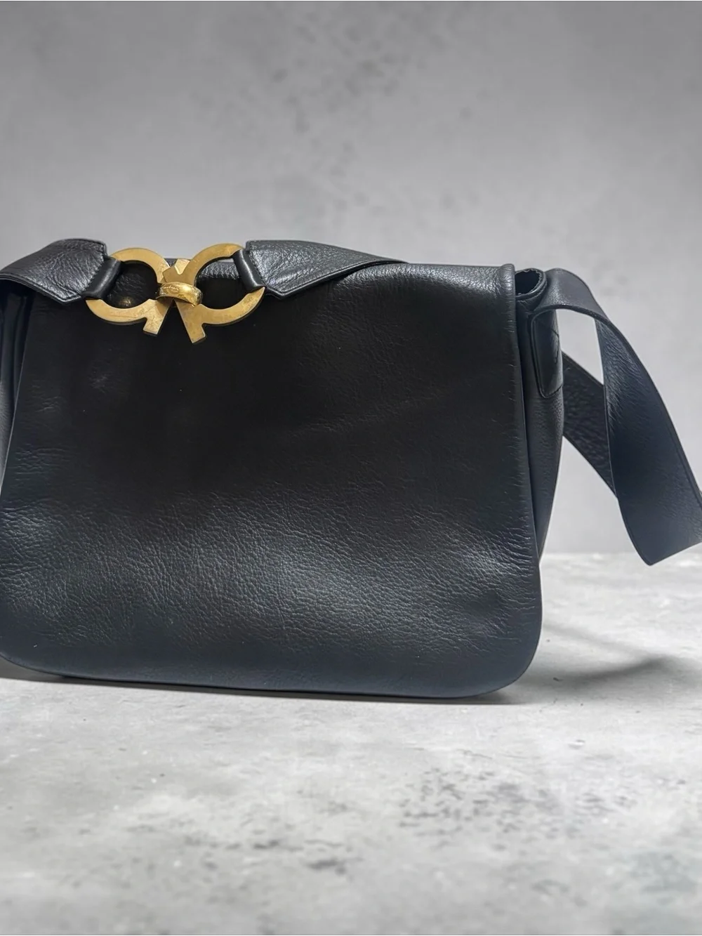 Salvatore Ferragamo Black Leather Shoulder Bag with Gold Hardware